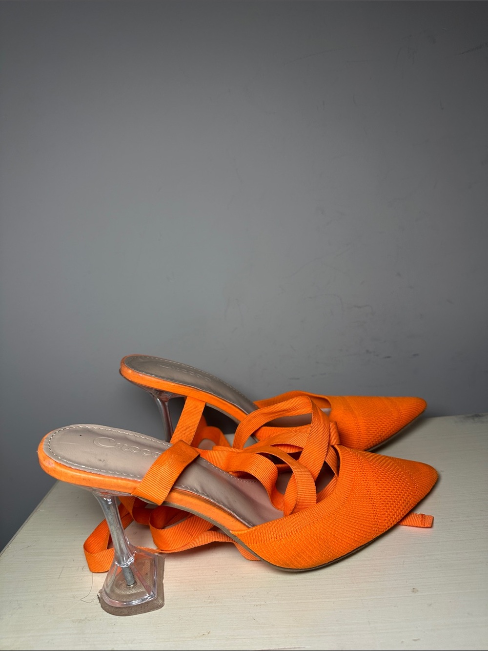 Cuccoo Orange Pointed Toe Lace-Up see through heels